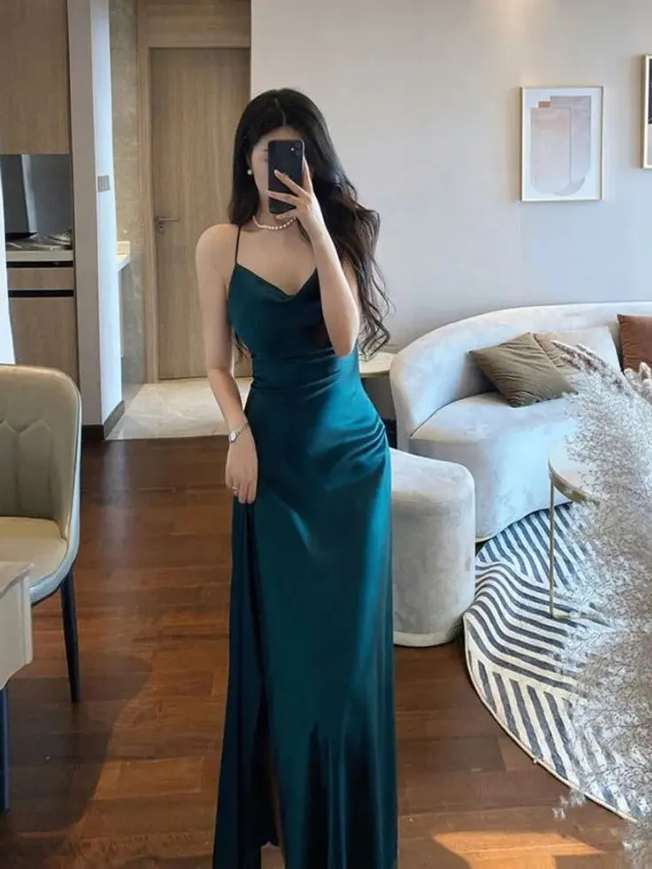 JazzHer Mermaid Green Satin Long Prom Dresses Slit Evening Dress (PRE-ORDER)