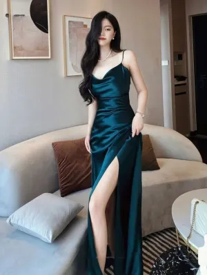 JazzHer Mermaid Green Satin Long Prom Dresses Slit Evening Dress (PRE-ORDER)