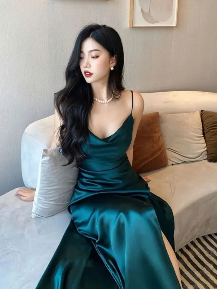 JazzHer Mermaid Green Satin Long Prom Dresses Slit Evening Dress (PRE-ORDER)