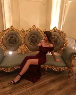JazzHer Mermaid Off The Shoulder Burgundy Pleated Slit Prom Dresses (PRE-ORDER)