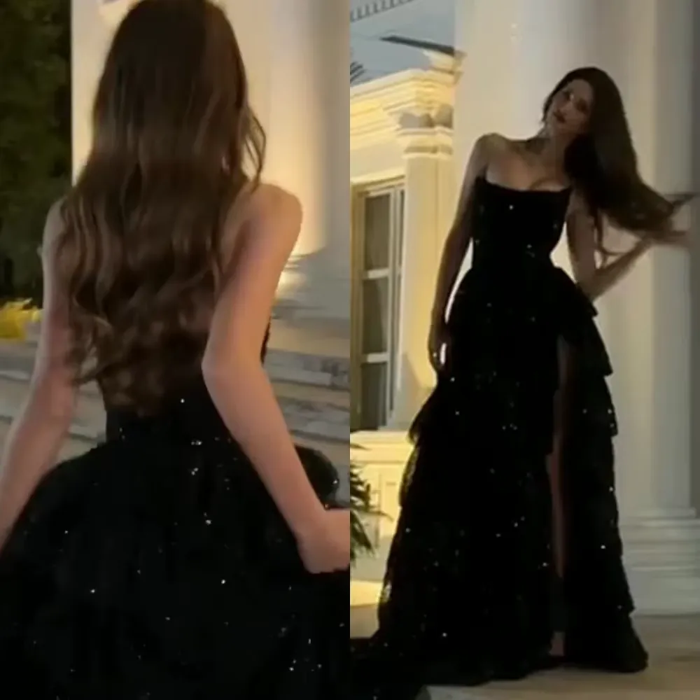JazzHer Modest Ball Gown Strapless Black Sequin Floor Length Slit Prom Dresses Evening Gowns (PRE-ORDER)