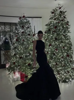 JazzHer Modest Mermaid Boat Sleeveless Black Satin Prom Dresses Long Evening Dress (PRE-ORDER)