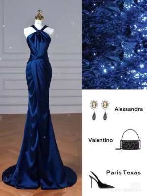 JazzHer Modest Mermaid Halter Navy Blue Fold Satin Prom Dresses Long Evening Dress (PRE-ORDER)