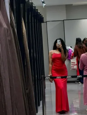 JazzHer Modest Mermaid Spaghetti Straps Backless Red Long Prom Dresses Evening Dress (PRE-ORDER)