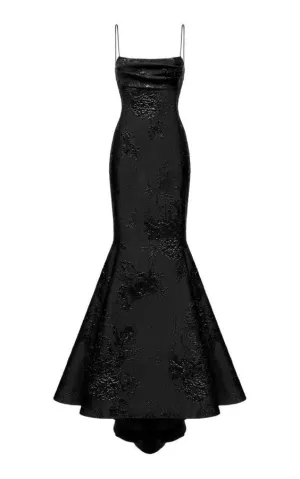 JazzHer Modest Mermaid Spaghetti Straps Black Floral Satin Long Prom Dresses Evening Dress (PRE-ORDER)