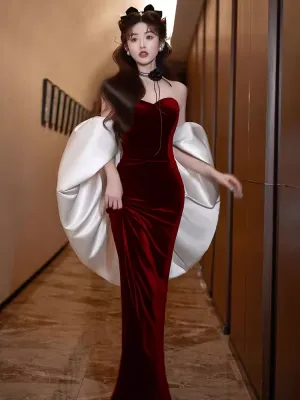 JazzHer Modest Mermaid Strapless Burgundy Long Prom Dresses B  (PRE-ORDER)
