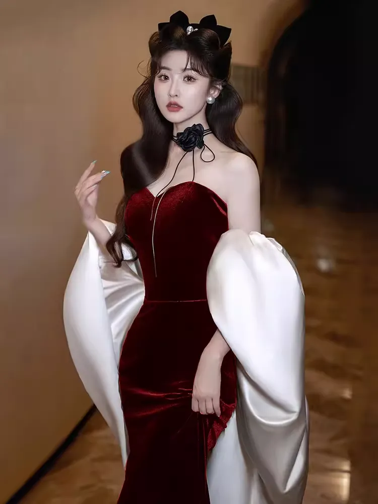 JazzHer Modest Mermaid Strapless Burgundy Long Prom Dresses B  (PRE-ORDER)