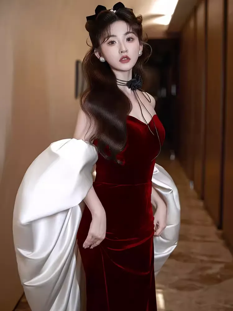 JazzHer Modest Mermaid Strapless Burgundy Long Prom Dresses B  (PRE-ORDER)