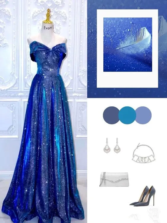 JazzHer Pretty A line Off The Shoulder Long Royal Blue Sequin Floor Length Prom Dresses (PRE-ORDER)