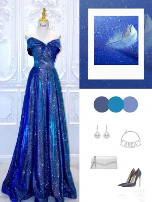 JazzHer Pretty A line Off The Shoulder Long Royal Blue Sequin Floor Length Prom Dresses (PRE-ORDER)