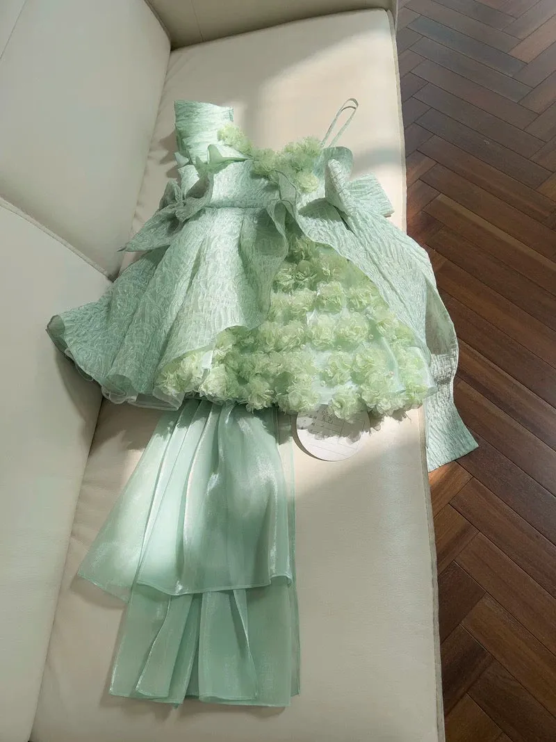 JazzHer Pretty Ball Gown Straps Mint Green Lace Flowers Homecoming Dresses Birthday Outfits With Bow (PRE-ORDER)