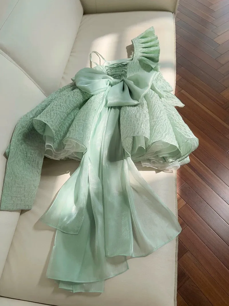 JazzHer Pretty Ball Gown Straps Mint Green Lace Flowers Homecoming Dresses Birthday Outfits With Bow (PRE-ORDER)