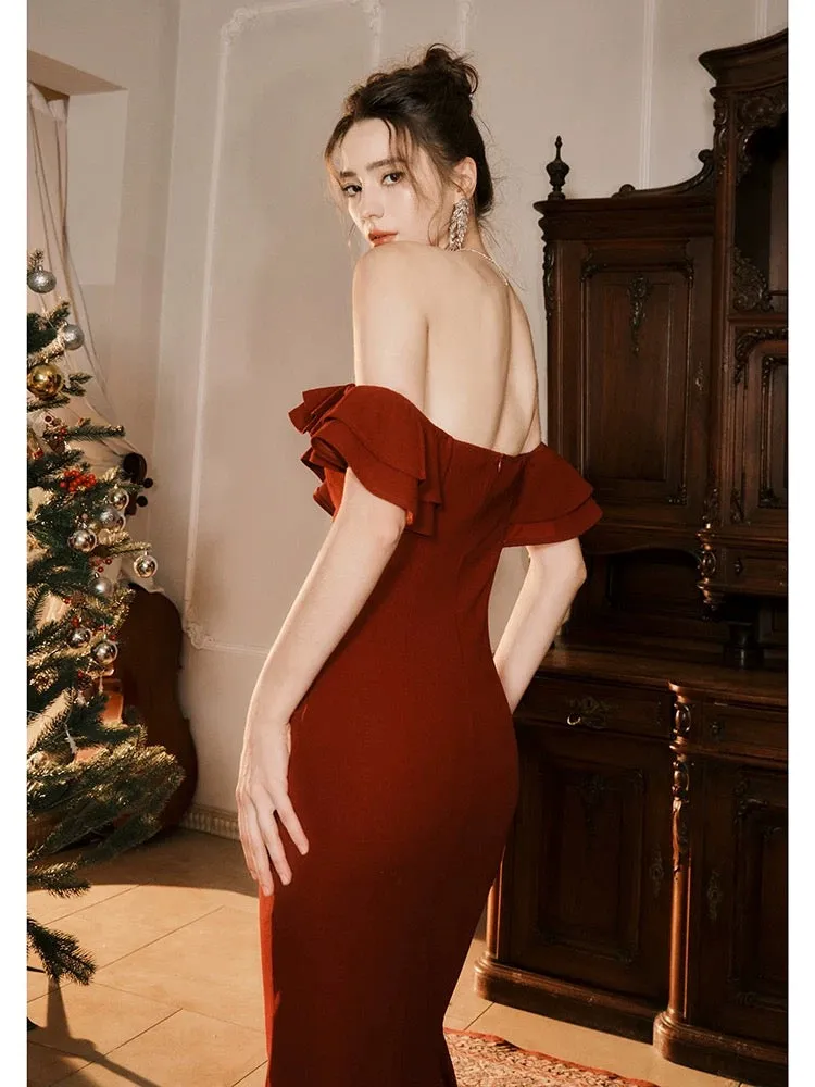 JazzHer Pretty Mermaid Off The Shoulder Burgundy Satin Long Prom Dresses Party Evening Dress (PRE-ORDER)
