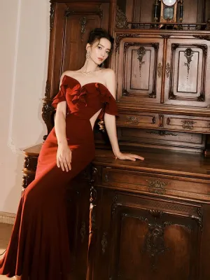 JazzHer Pretty Mermaid Off The Shoulder Burgundy Satin Long Prom Dresses Party Evening Dress (PRE-ORDER)
