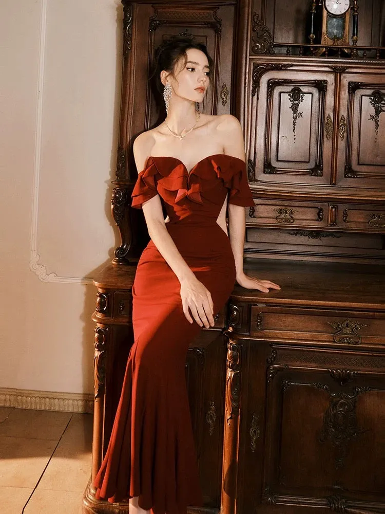 JazzHer Pretty Mermaid Off The Shoulder Burgundy Satin Long Prom Dresses Party Evening Dress (PRE-ORDER)