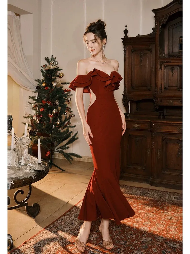 JazzHer Pretty Mermaid Off The Shoulder Burgundy Satin Long Prom Dresses Party Evening Dress (PRE-ORDER)