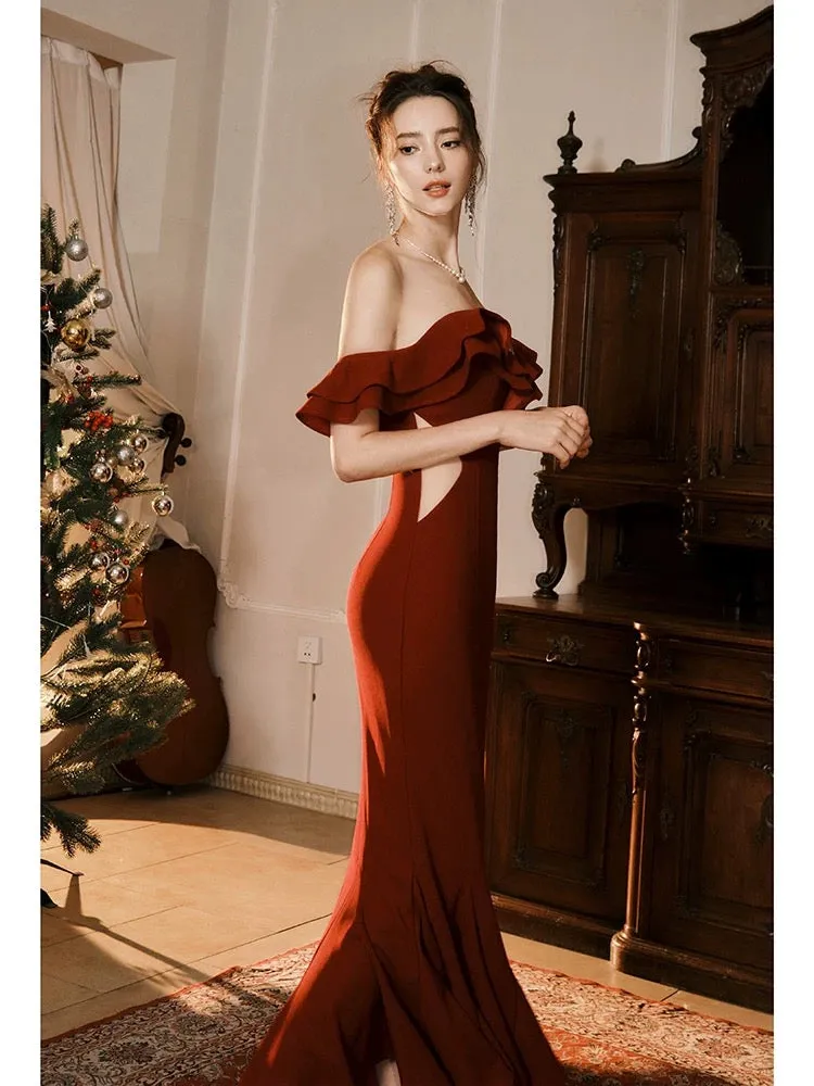 JazzHer Pretty Mermaid Off The Shoulder Burgundy Satin Long Prom Dresses Party Evening Dress (PRE-ORDER)