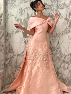 JazzHer Pretty Mermaid Off The Shoulder Pink Satin Long Prom Dress Evening Dresses With Appliques (PRE-ORDER)