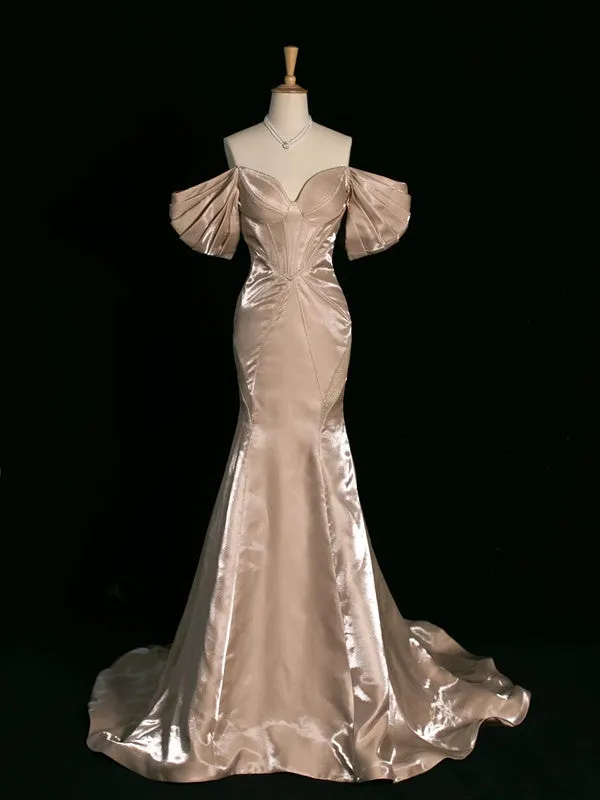 JazzHer Pretty Mermaid Off The Shoulder Satin Long Champagne Prom Dresses Party Evening Dress (PRE-ORDER)