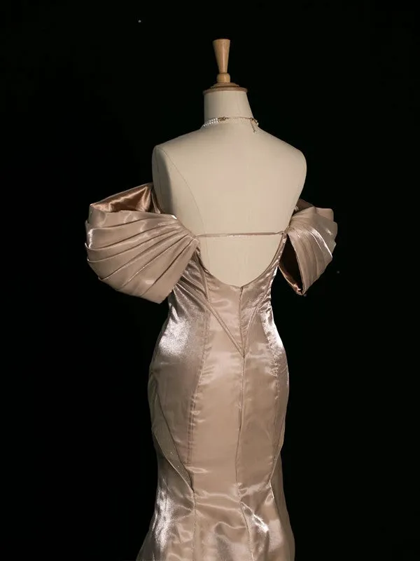 JazzHer Pretty Mermaid Off The Shoulder Satin Long Champagne Prom Dresses Party Evening Dress (PRE-ORDER)