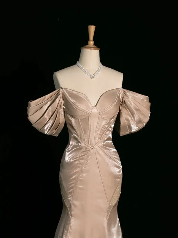 JazzHer Pretty Mermaid Off The Shoulder Satin Long Champagne Prom Dresses Party Evening Dress (PRE-ORDER)