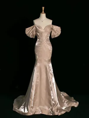 JazzHer Pretty Mermaid Off The Shoulder Satin Long Champagne Prom Dresses Party Evening Dress (PRE-ORDER)