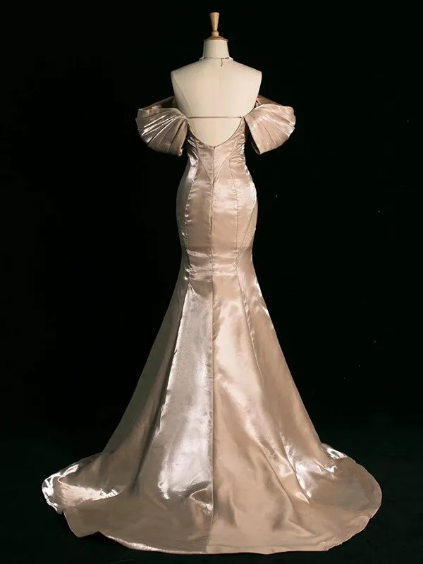 JazzHer Pretty Mermaid Off The Shoulder Satin Long Champagne Prom Dresses Party Evening Dress (PRE-ORDER)
