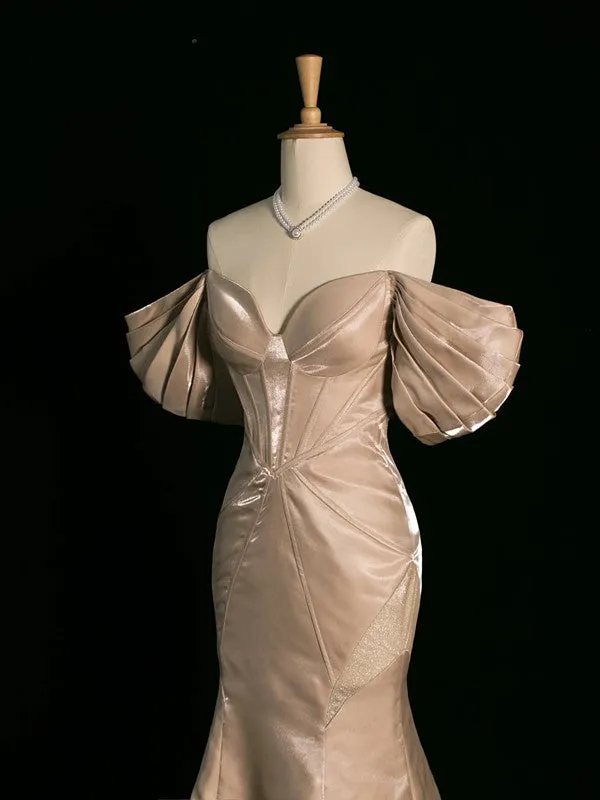 JazzHer Pretty Mermaid Off The Shoulder Satin Long Champagne Prom Dresses Party Evening Dress (PRE-ORDER)