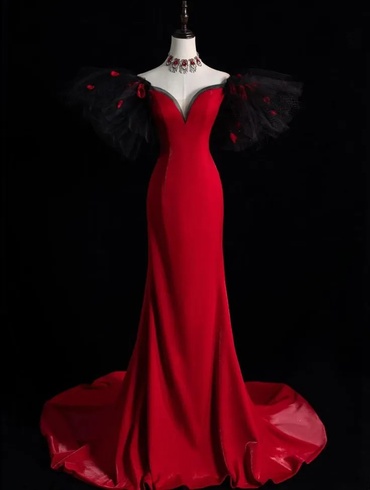 JazzHer Pretty Mermaid Off The Shoulder Satin Red Long Evening Dress Prom Dresses With Sleeves (PRE-ORDER)