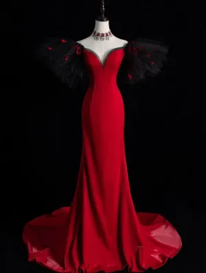 JazzHer Pretty Mermaid Off The Shoulder Satin Red Long Evening Dress Prom Dresses With Sleeves (PRE-ORDER)