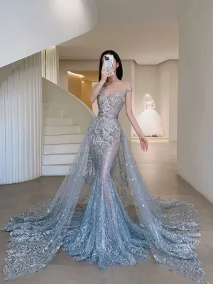 JazzHer Pretty Mermaid Off The Shoulder Sequin Blue Long Evening Dress Lace Prom Dresses With Sleeves (PRE-ORDER)