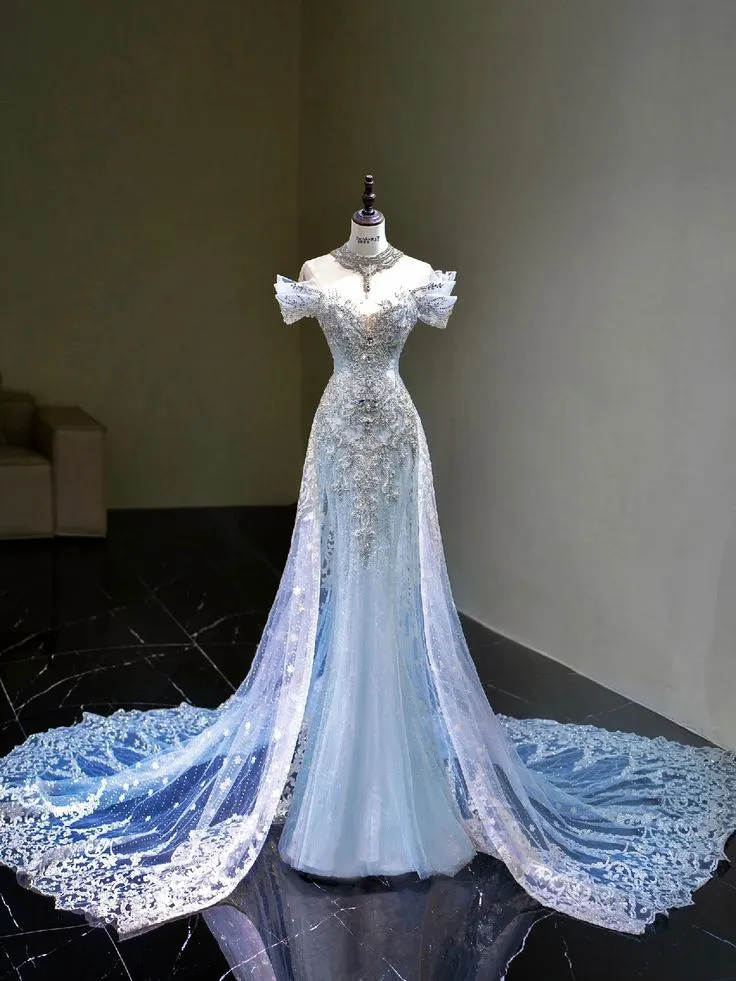 JazzHer Pretty Mermaid Off The Shoulder Sequin Cap Sleeves Blue Evening Dress Long Prom Dresses With Beads (PRE-ORDER)