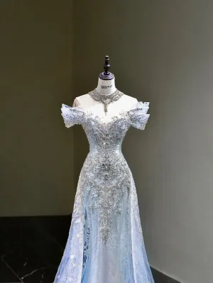 JazzHer Pretty Mermaid Off The Shoulder Sequin Cap Sleeves Blue Evening Dress Long Prom Dresses With Beads (PRE-ORDER)