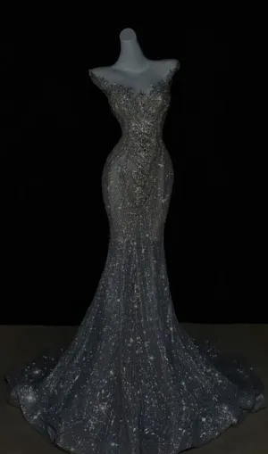 JazzHer Pretty Mermaid Off The Shoulder Sequin Cap Sleeves Evening Dress Silver Prom Dresses With Beads (PRE-ORDER)