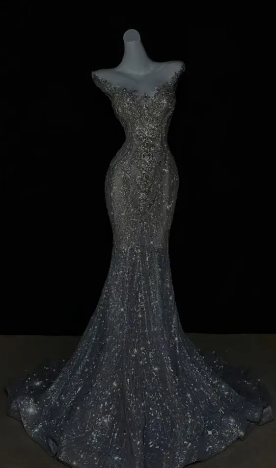 JazzHer Pretty Mermaid Off The Shoulder Sequin Cap Sleeves Evening Dress Silver Prom Dresses With Beads (PRE-ORDER)
