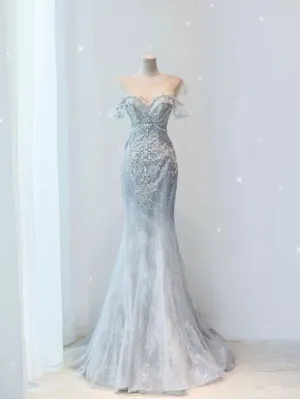 JazzHer Pretty Mermaid Off The Shoulder Sequin Cap Sleeves Gray Evening Dress Long Prom Dresses With Beads (PRE-ORDER)