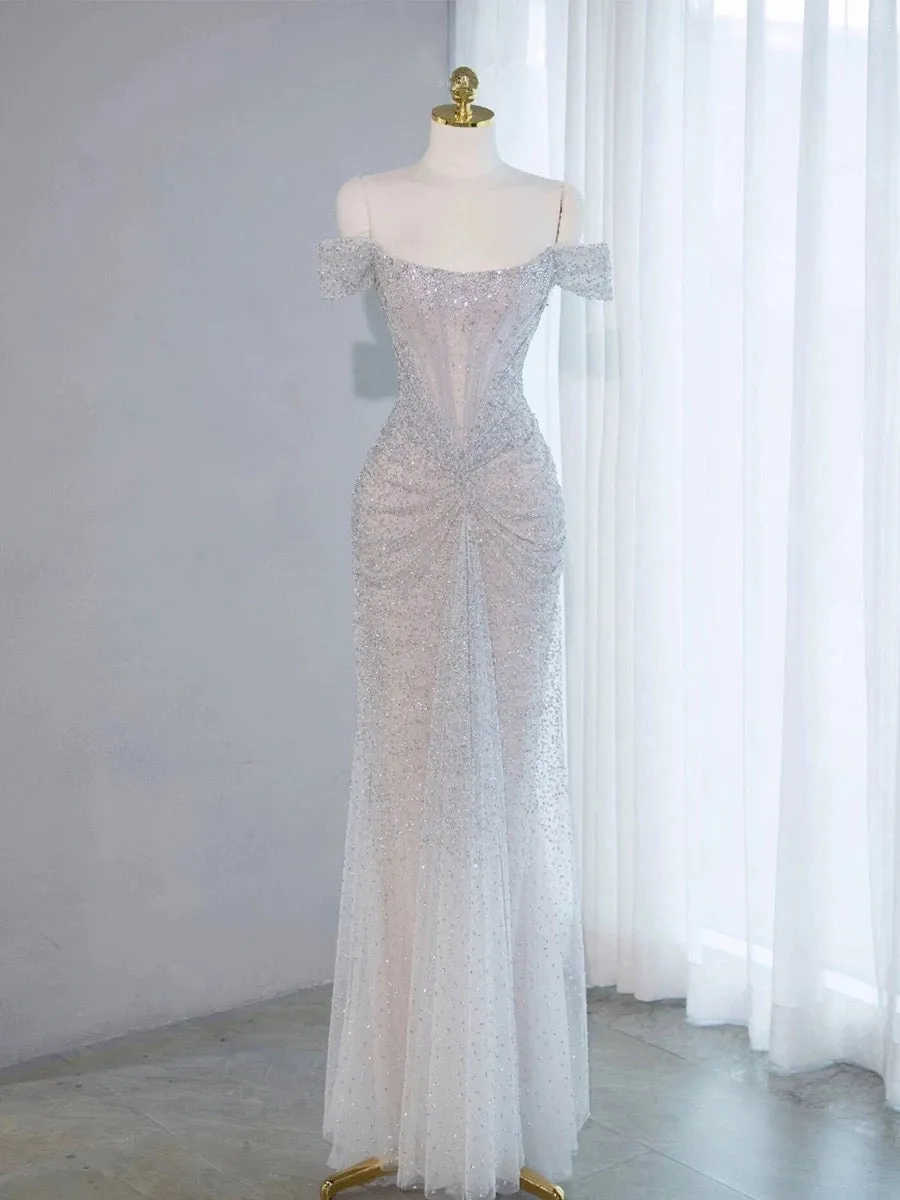 JazzHer Pretty Mermaid Off The Shoulder Sequin Long Evening Dress Prom Dresses With Beads (PRE-ORDER)
