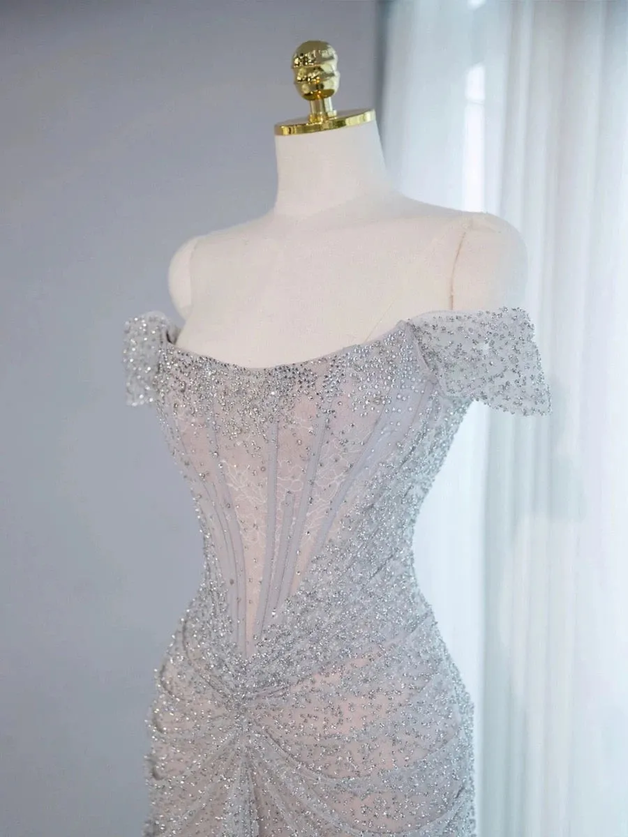 JazzHer Pretty Mermaid Off The Shoulder Sequin Long Evening Dress Prom Dresses With Beads (PRE-ORDER)