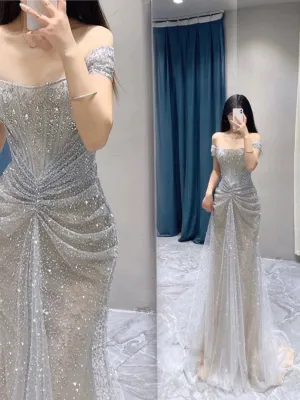 JazzHer Pretty Mermaid Off The Shoulder Sequin Long Evening Dress Prom Dresses With Beads (PRE-ORDER)