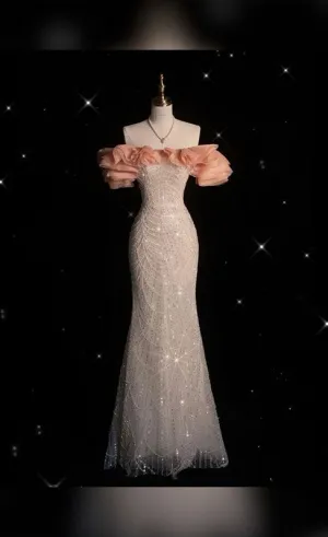 JazzHer Pretty Mermaid Off The Shoulder Sequin Silver Evening Dress Prom Dresses (PRE-ORDER)
