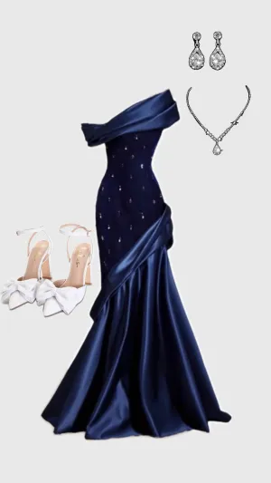 JazzHer Pretty Mermaid One Shoulder Navy Blue Satin Long Party Dress Prom Dresses (PRE-ORDER)