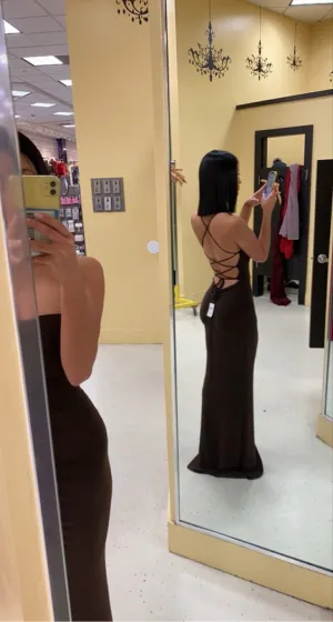 JazzHer Pretty Mermaid Spaghetti Straps Backless Brown Long Prom Dresses Evening Dress (PRE-ORDER)