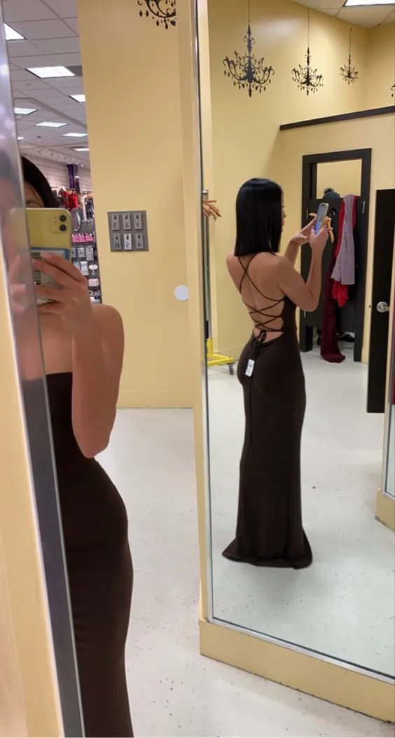 JazzHer Pretty Mermaid Spaghetti Straps Backless Brown Long Prom Dresses Evening Dress (PRE-ORDER)