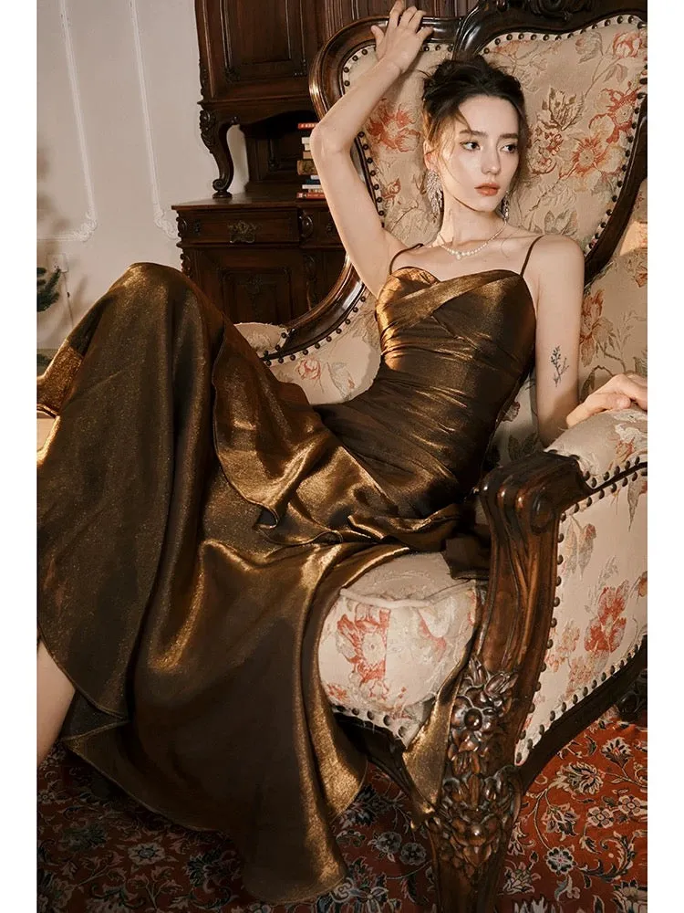 JazzHer Pretty Mermaid Spaghetti Straps Brown Long Prom Dresses Party Evening Dress (PRE-ORDER)