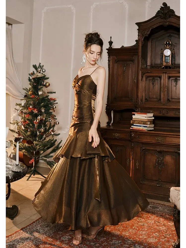 JazzHer Pretty Mermaid Spaghetti Straps Brown Long Prom Dresses Party Evening Dress (PRE-ORDER)