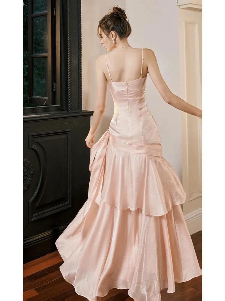 JazzHer Pretty Mermaid Spaghetti Straps Pink Long Prom Dresses Party Evening Dress (PRE-ORDER)