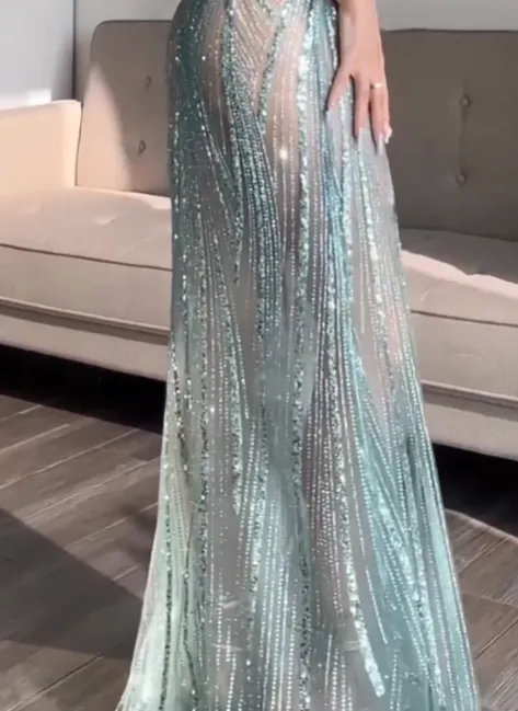 JazzHer Pretty Mermaid Spaghetti Straps Sequin Green Long Prom Dresses Evening Dress (PRE-ORDER)