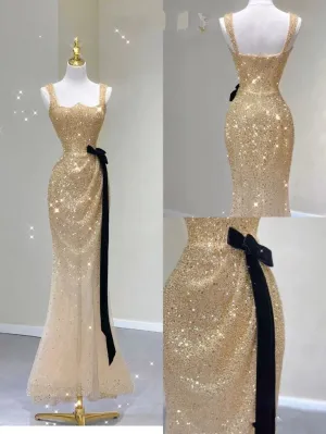 JazzHer Pretty Mermaid Square Neckline Gold Sequin Long Evening Dress Prom Dresses (PRE-ORDER)