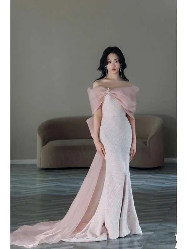 JazzHer Pretty Mermaid Strapless Pink Sequin Long Evening Dress Prom Dresses With Bow (PRE-ORDER)