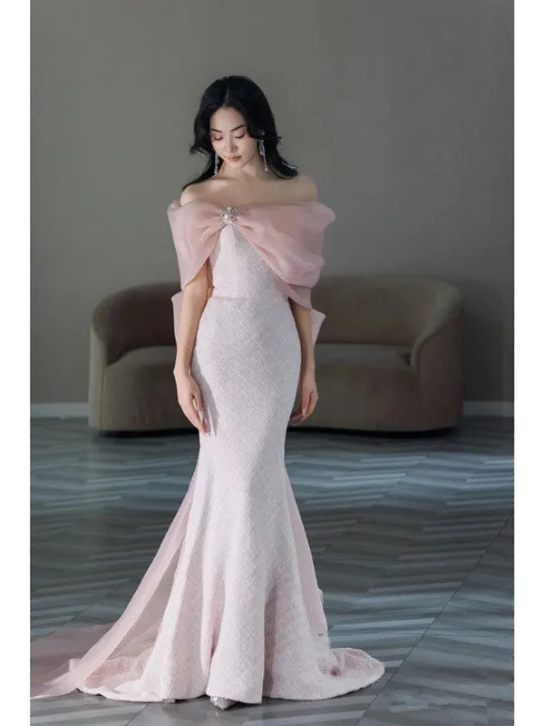 JazzHer Pretty Mermaid Strapless Pink Sequin Long Evening Dress Prom Dresses With Bow (PRE-ORDER)